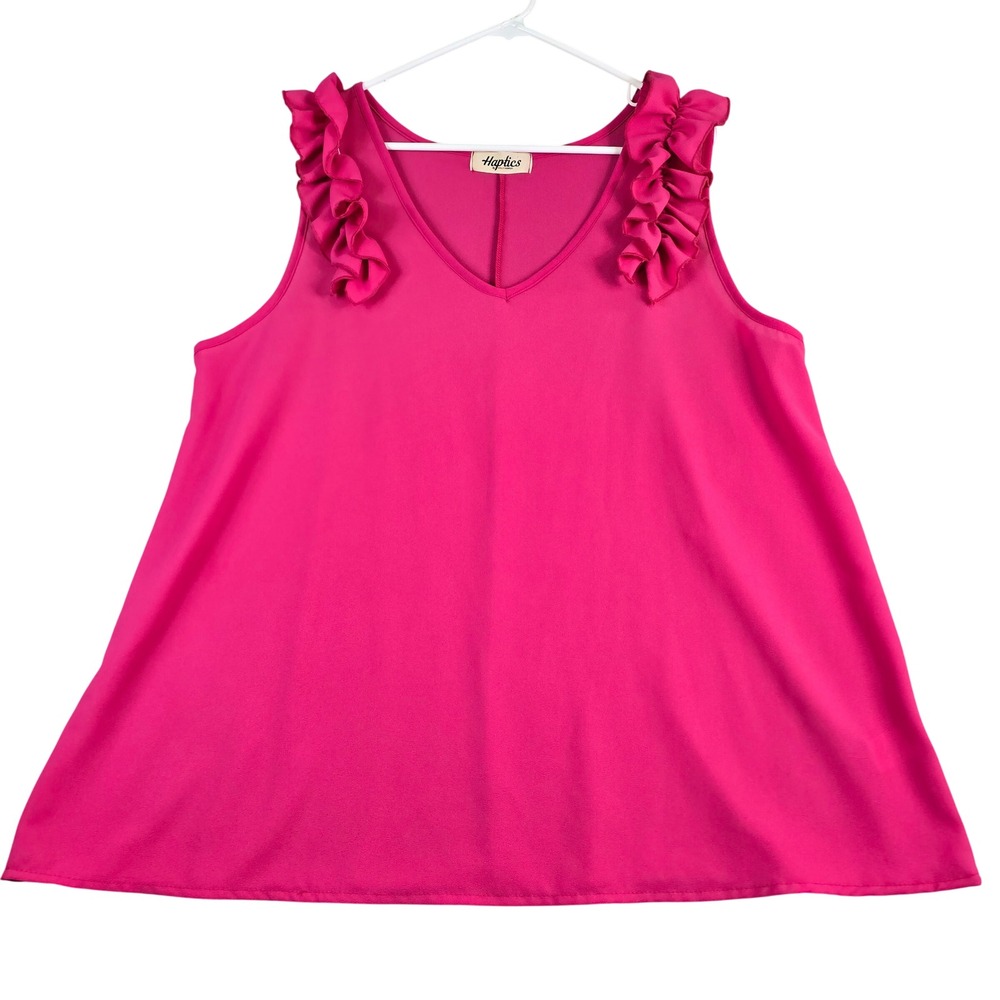 Haptics Ruffle Shoulder Tank Top Womens 2X Hot Pink V-Neck Sleeveless Drape